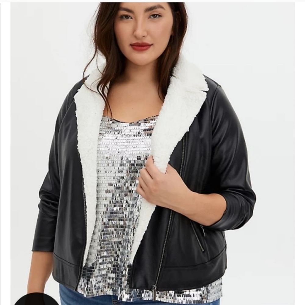 Torrid Sherpa Lined Black Moto Faux Leather Jacket